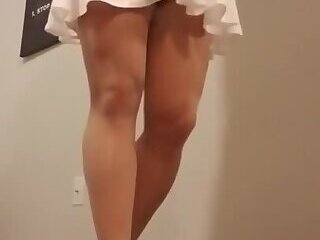 Crossdresser in Purple Shoes and Sexy White Dress